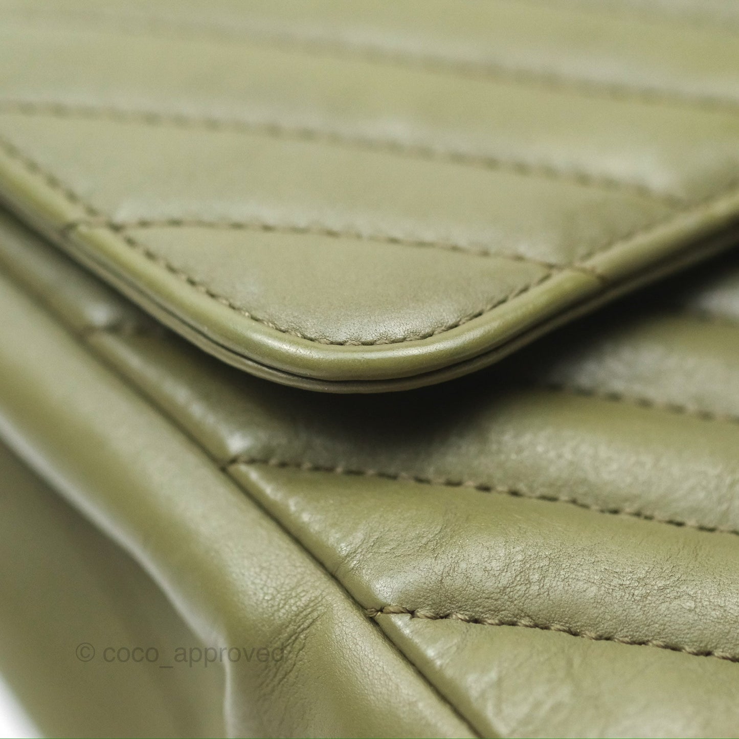 Chanel Mini Square Flap Chevron Olive Green Calfskin Gold Hardware