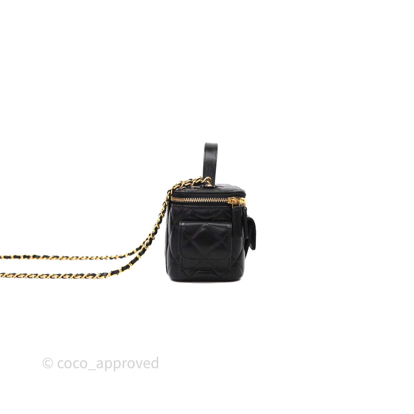 Chanel Quilted Top Handle Pocket Vanity Case Black Shiny Lambskin Bag Gold Hardware