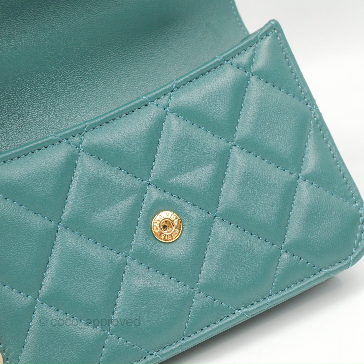 Chanel Mini Handle Flap Coin Purse With Chain Teal Green Lambskin Aged Gold Hardware