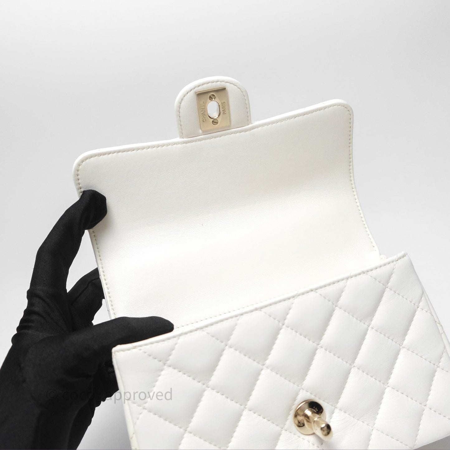 Chanel Crystals Top Handle Mini Rectangular Flap Bag White Lambskin Gold Hardware