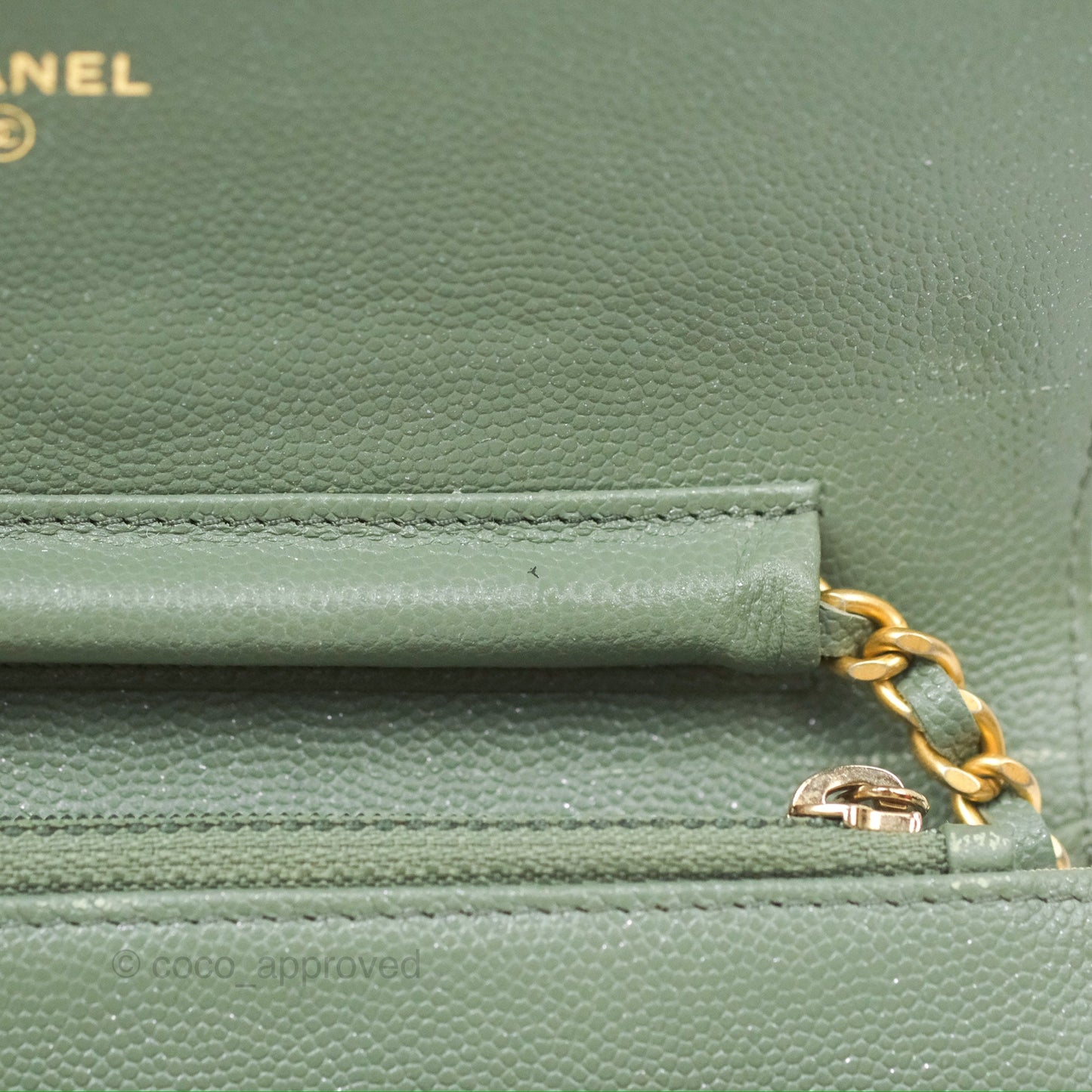 Chanel Classic Quilted Wallet On Chain WOC Glitter Dark Tiffany Green Caviar Aged Gold Hardware