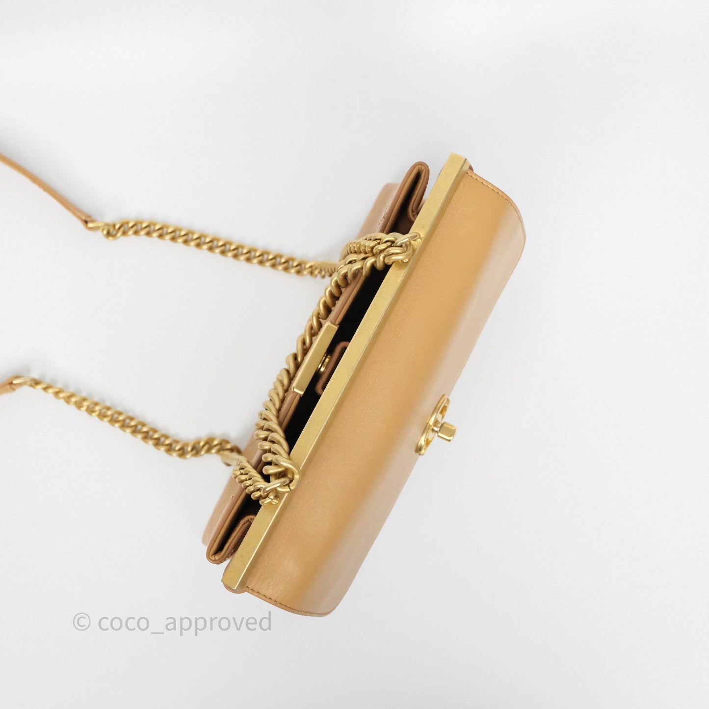 Chanel Small Coco Luxe Flap Bag Caramel Beige Calfskin Aged Gold Hardware