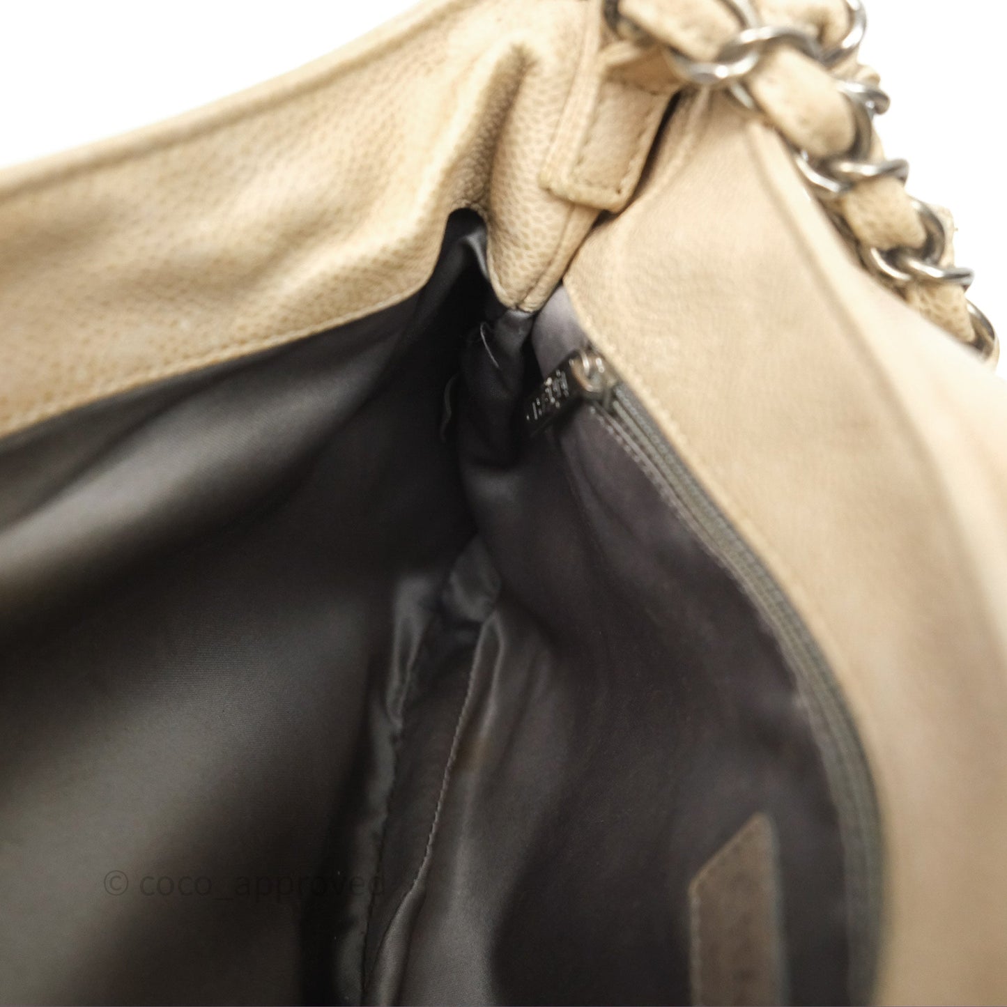 Chanel Quilted Coco Rider Hobo Bag Beige Caviar Ruthenium Hardware