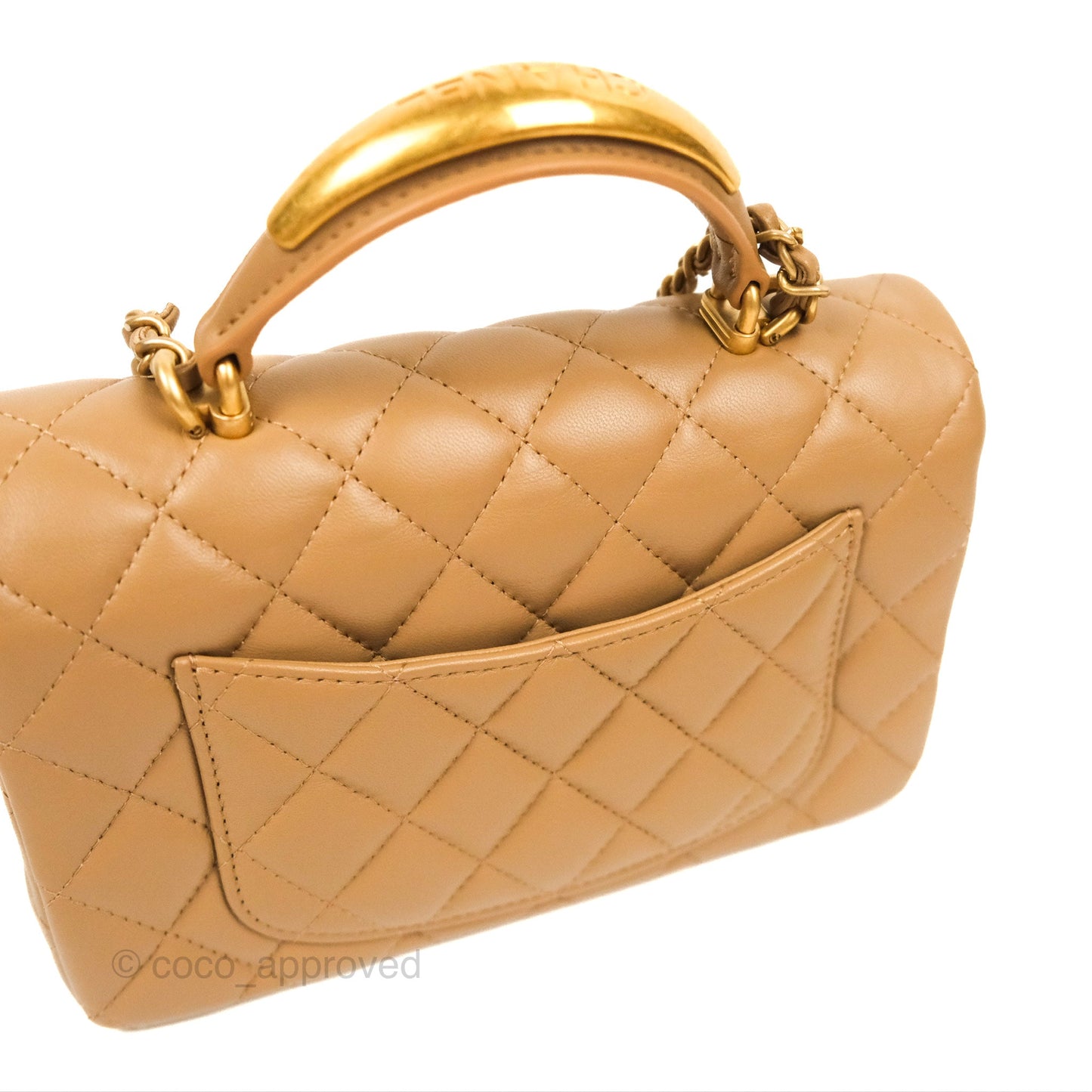 Chanel Top Handle Mini Rectangular Flap Bag Beige Lambskin Aged Gold Hardware