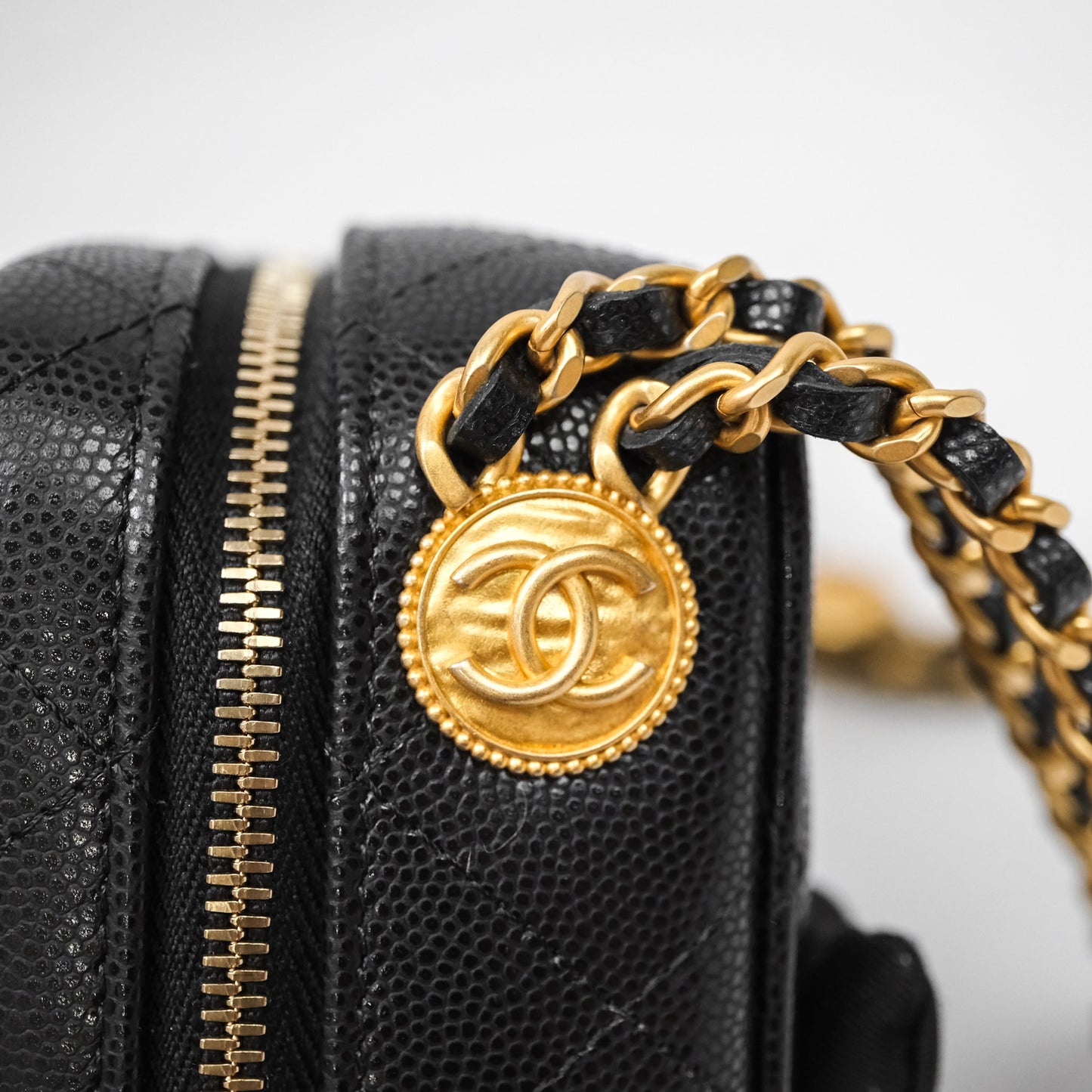 Chanel Quilted CC Coins Purse Chain Camera Case Black Caviar Aged Gold Hardware