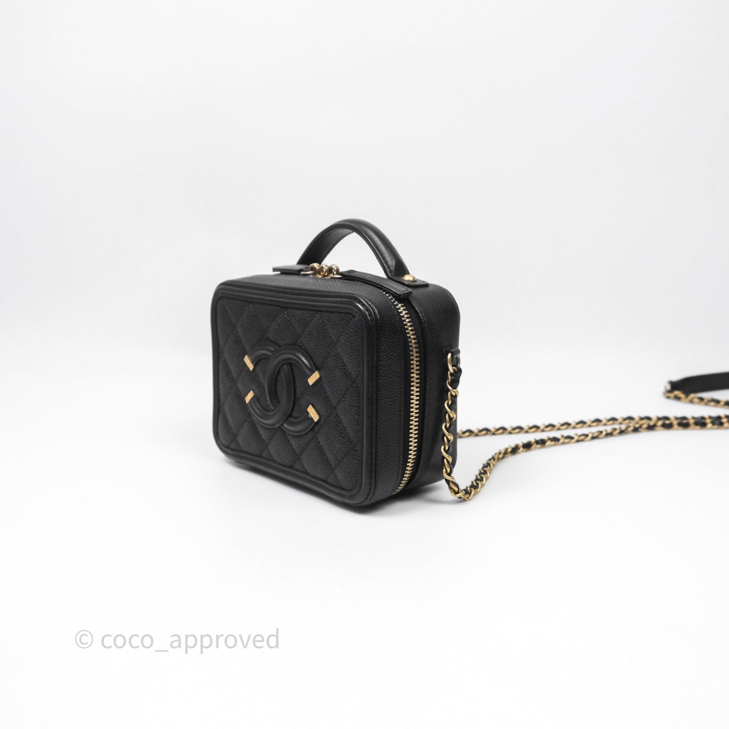 Chanel Quilted Small CC Filigree Vanity Case Black Caviar Aged Gold Hardware