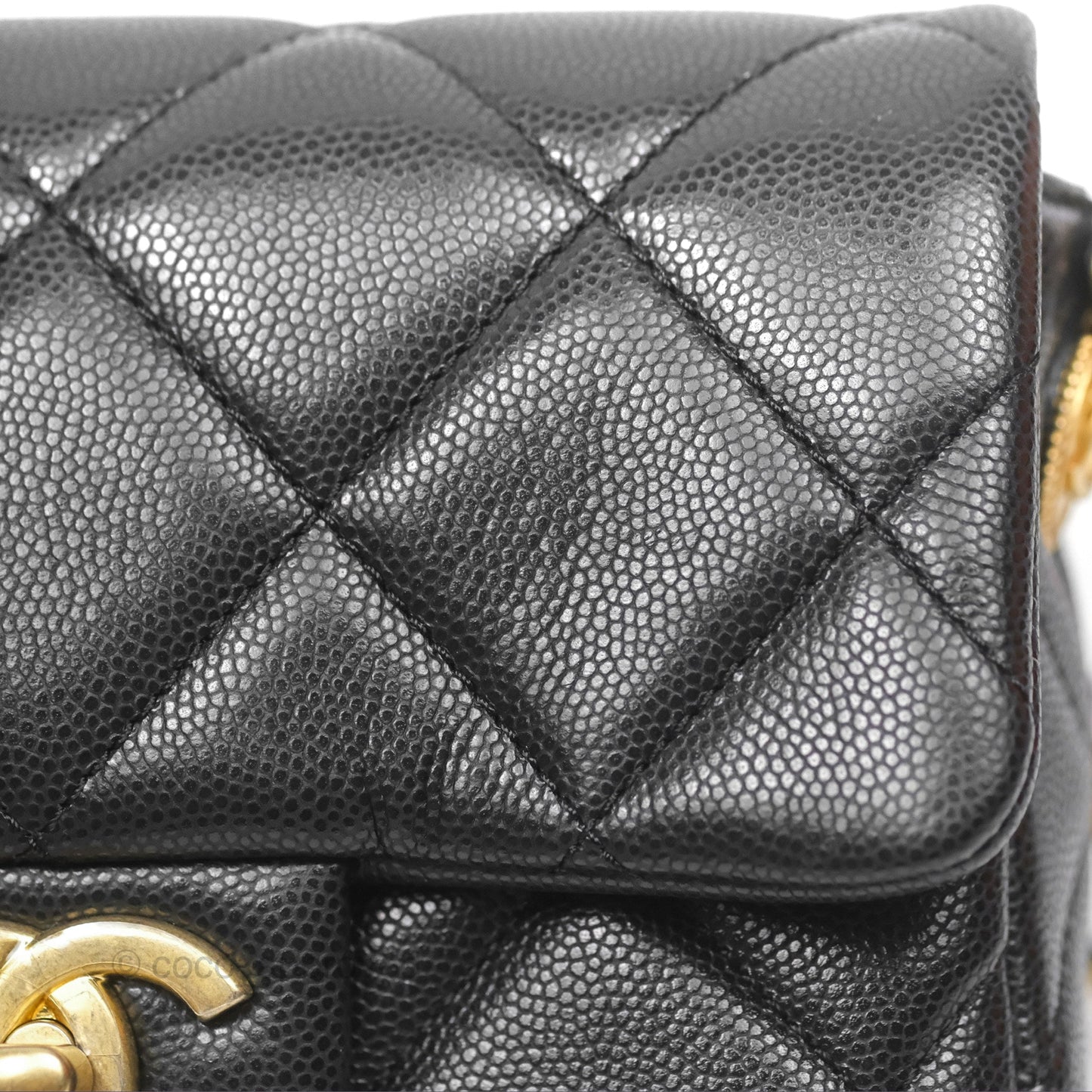 Chanel Mini Flap with Coin Charm Black Caviar Aged Gold Hardware 22A