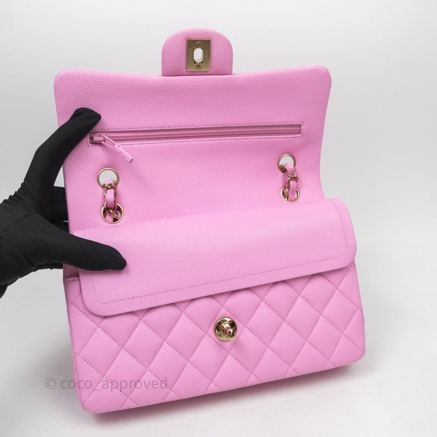 Chanel Small Classic Flap Quilted Pink Caviar Gold Hardware
