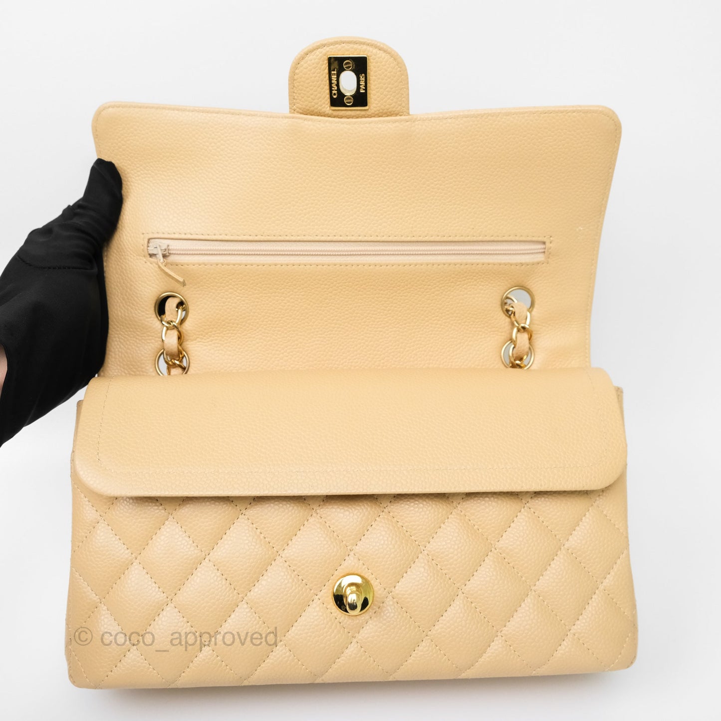 Chanel M/L Medium Classic Flap Quilted Beige Caviar Gold Hardware
