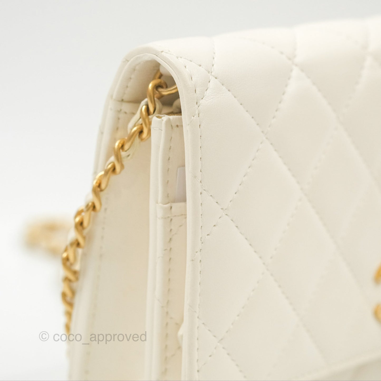 Chanel Quilted Pearl Crush Wallet on Chain WOC White Lambskin Aged Gold Hardware