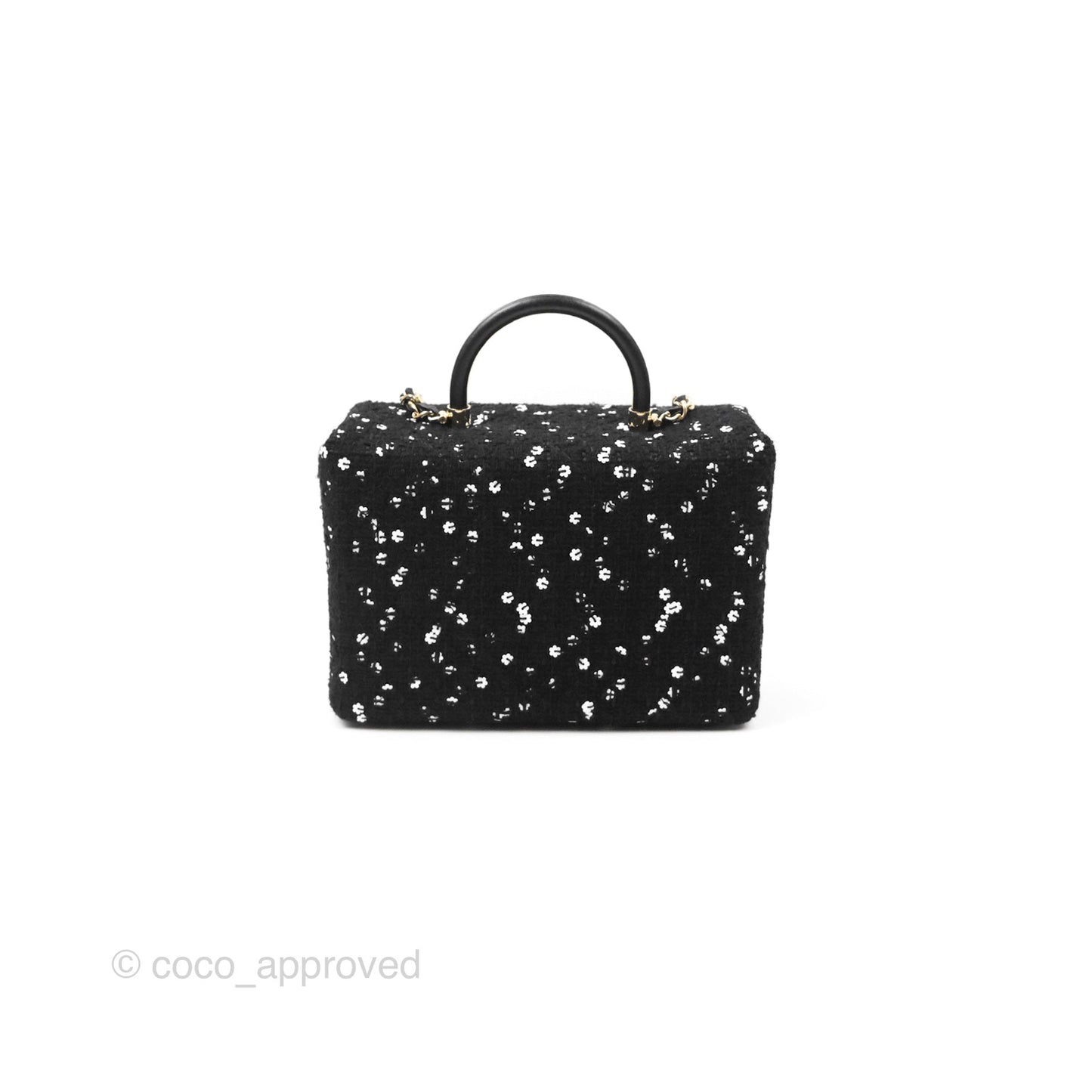 Chanel Small Top Handle Box Bag Black Tweed Sequins Gold Hardware 23K