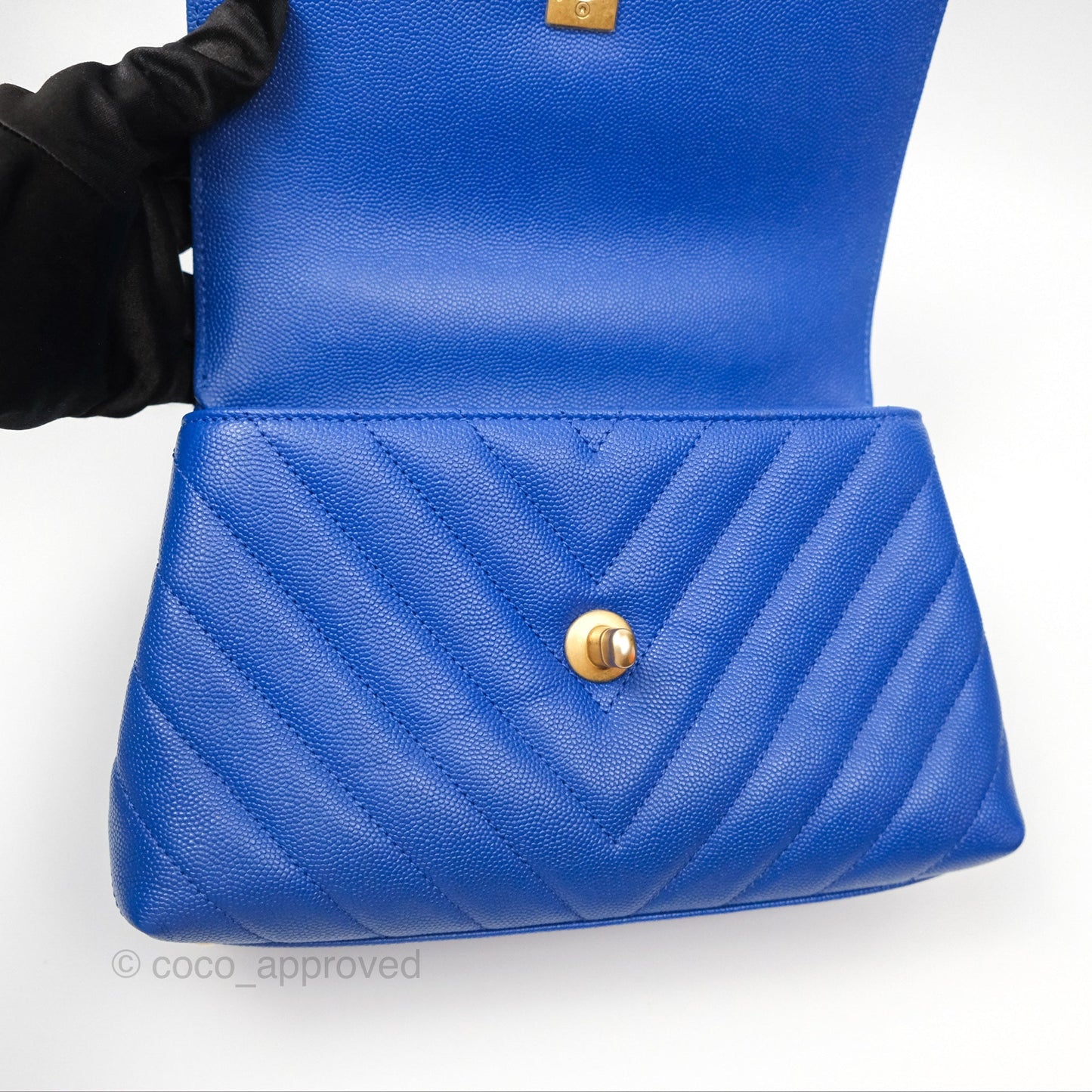 Chanel Small Coco Handle Chevron Blue Caviar Aged Gold Hardware