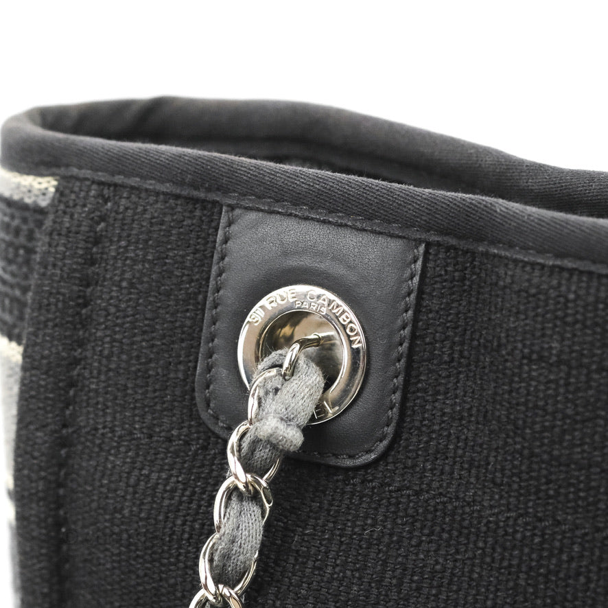 Chanel Mini Deauville Tote Black Stripe Canvas Silver Hardware