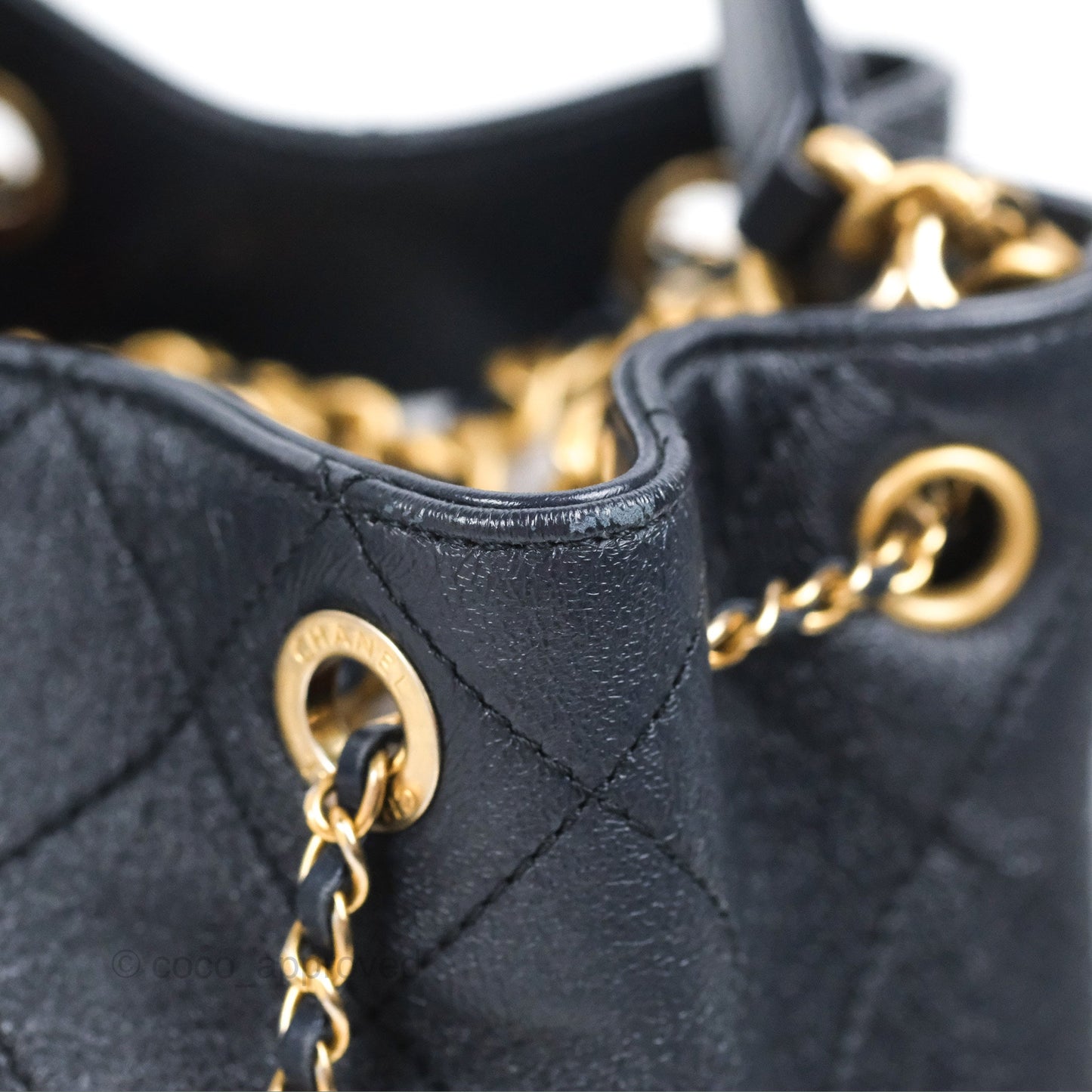 Chanel Quilted Top Handle Drawstring Bucket Bag Iridescent Navy Calfskin Aged Gold Hardware