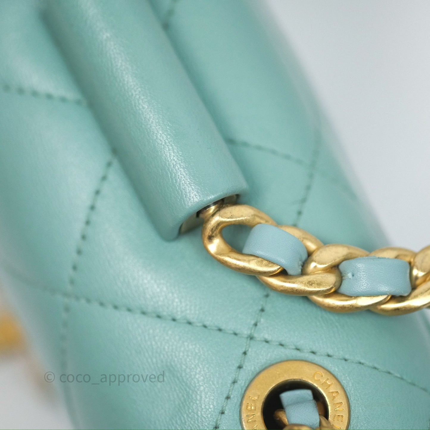 Chanel Quilted Small Circular Handle Bag Mint Green Aged Gold Hardware