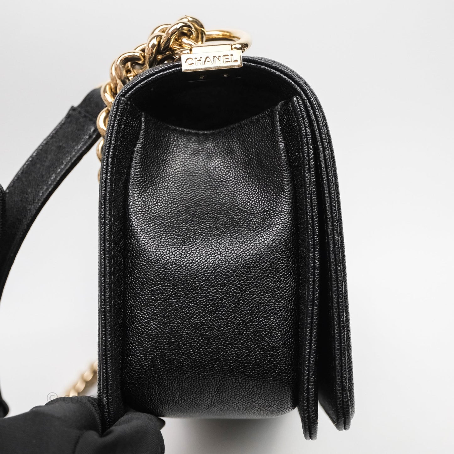 Chanel Medium Boy Chevron Black Caviar Light Gold Hardware