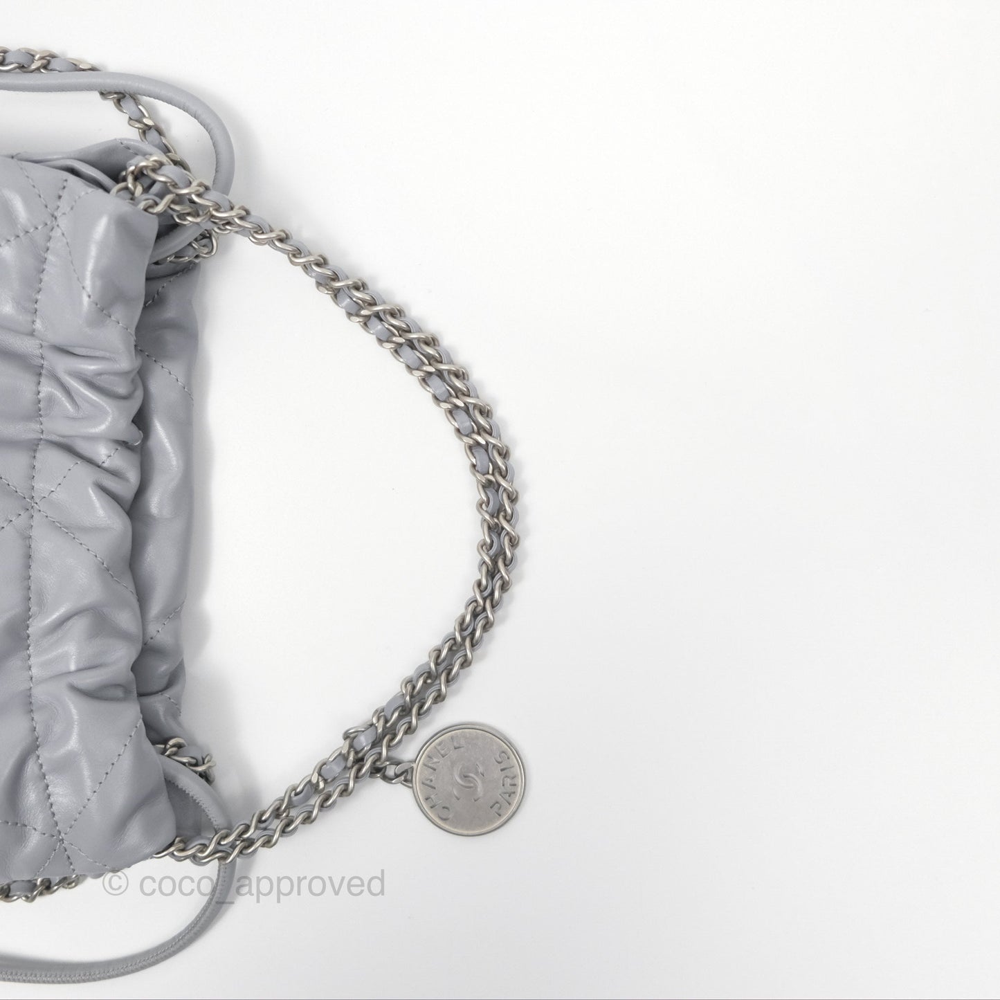 Chanel 22 Mini Bag Light Grey Shiny Crumpled Calfskin Matte Silver Hardware