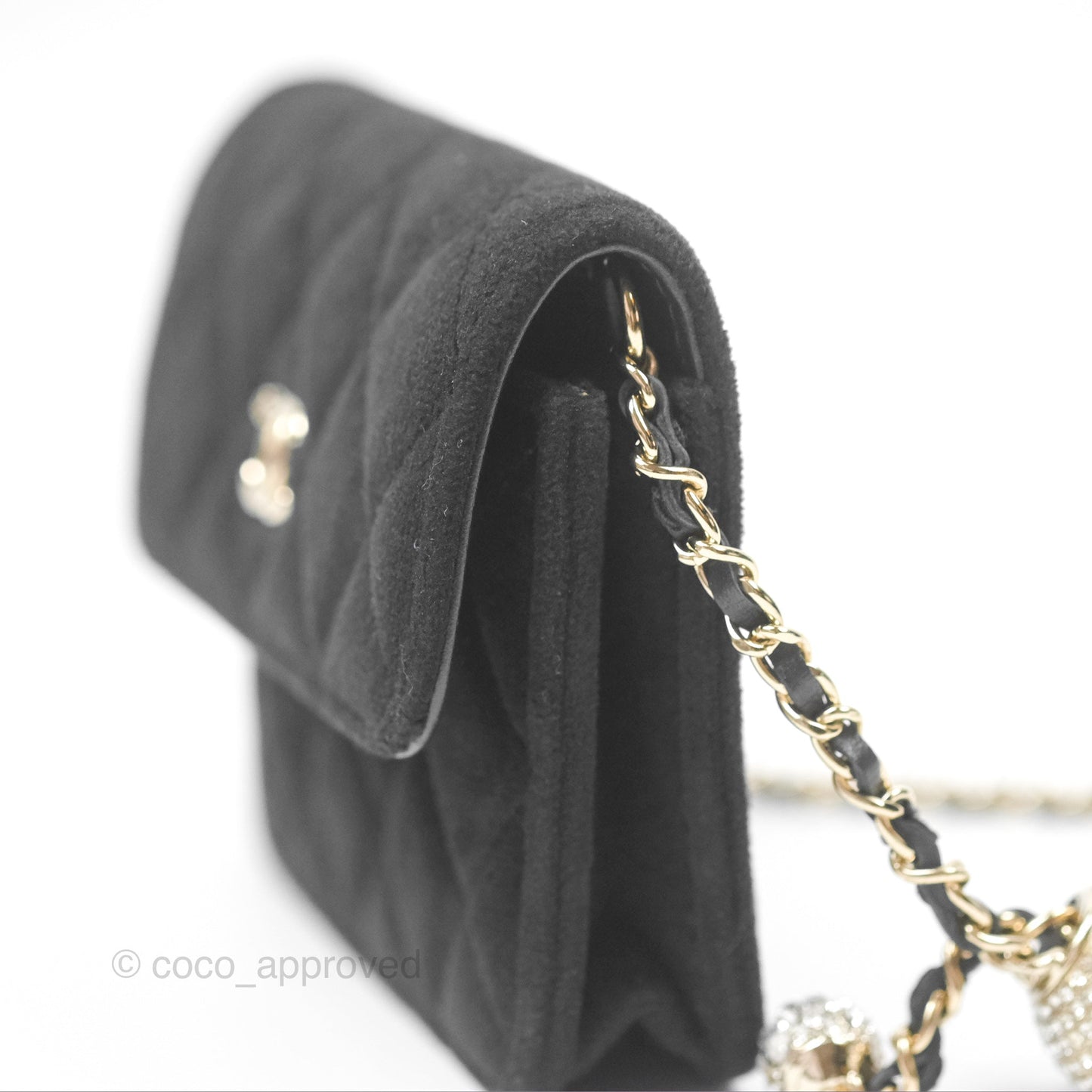 Chanel Crystals Pearl Crush Mini Belt Bag with Chain Black Velvet Gold Hardware