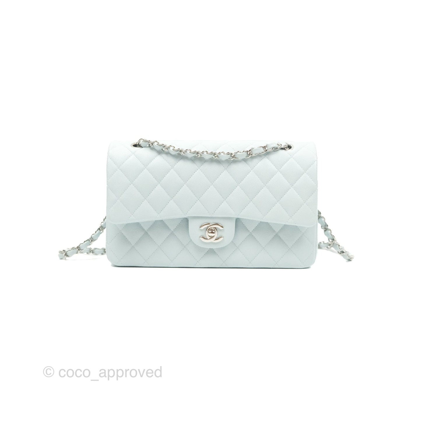 Chanel Medium Classic Flap Quilted Pale Blue Caviar Silver Hardware