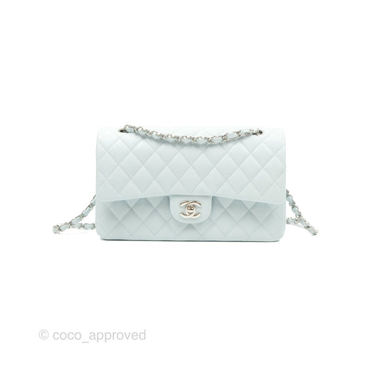 Chanel Medium Classic Flap Quilted Pale Blue Caviar Silver Hardware