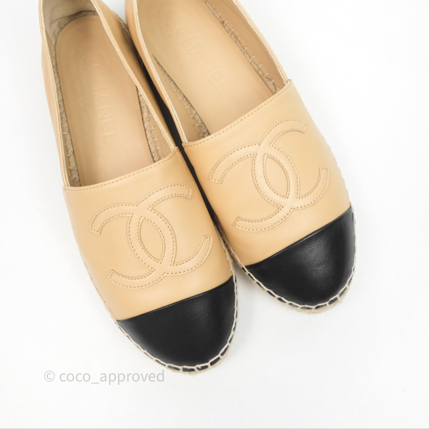Chanel CC Espadrilles Beige Black Lambskin Size 38