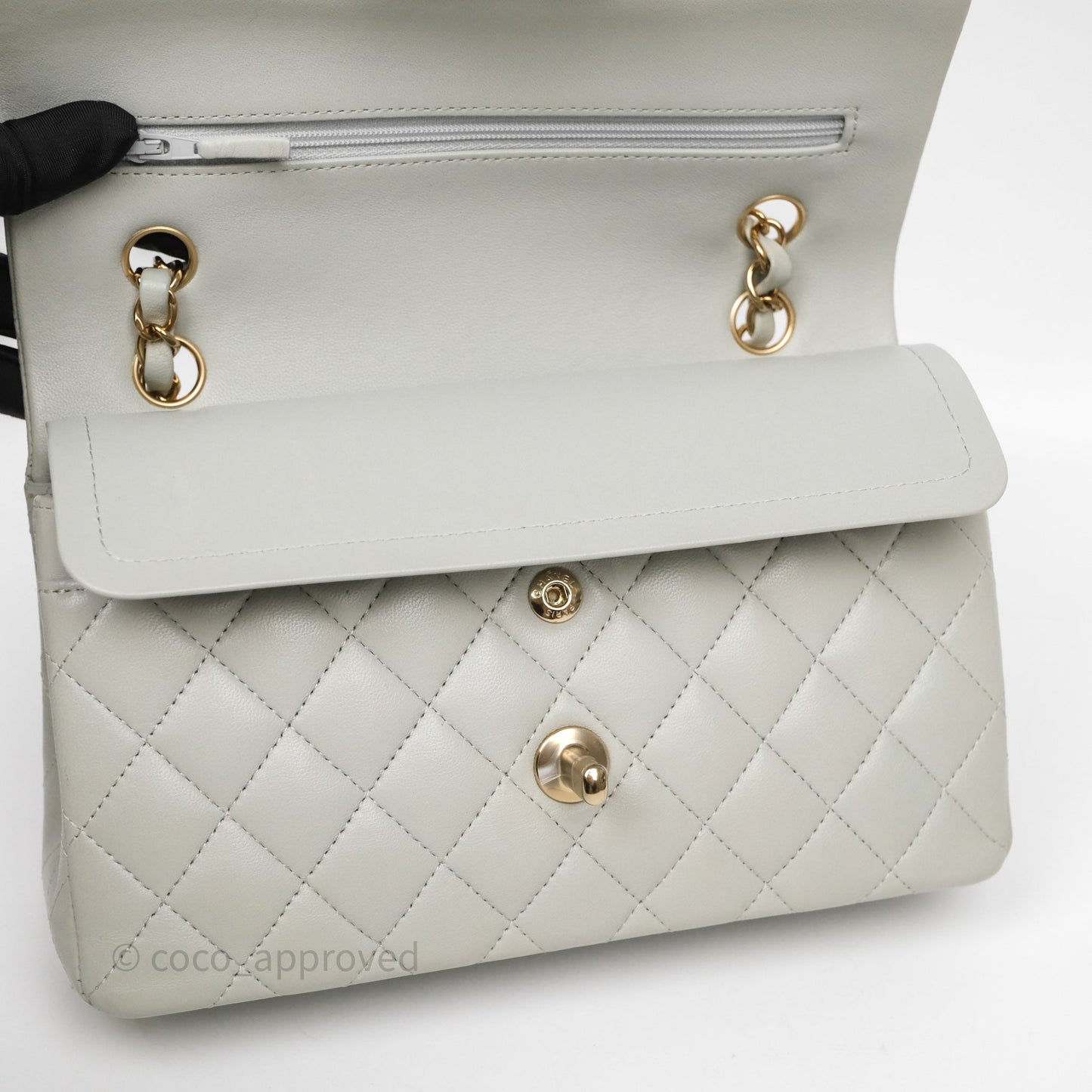 Chanel Small Classic Flap Quilted Grey Lambskin Gold Hardware