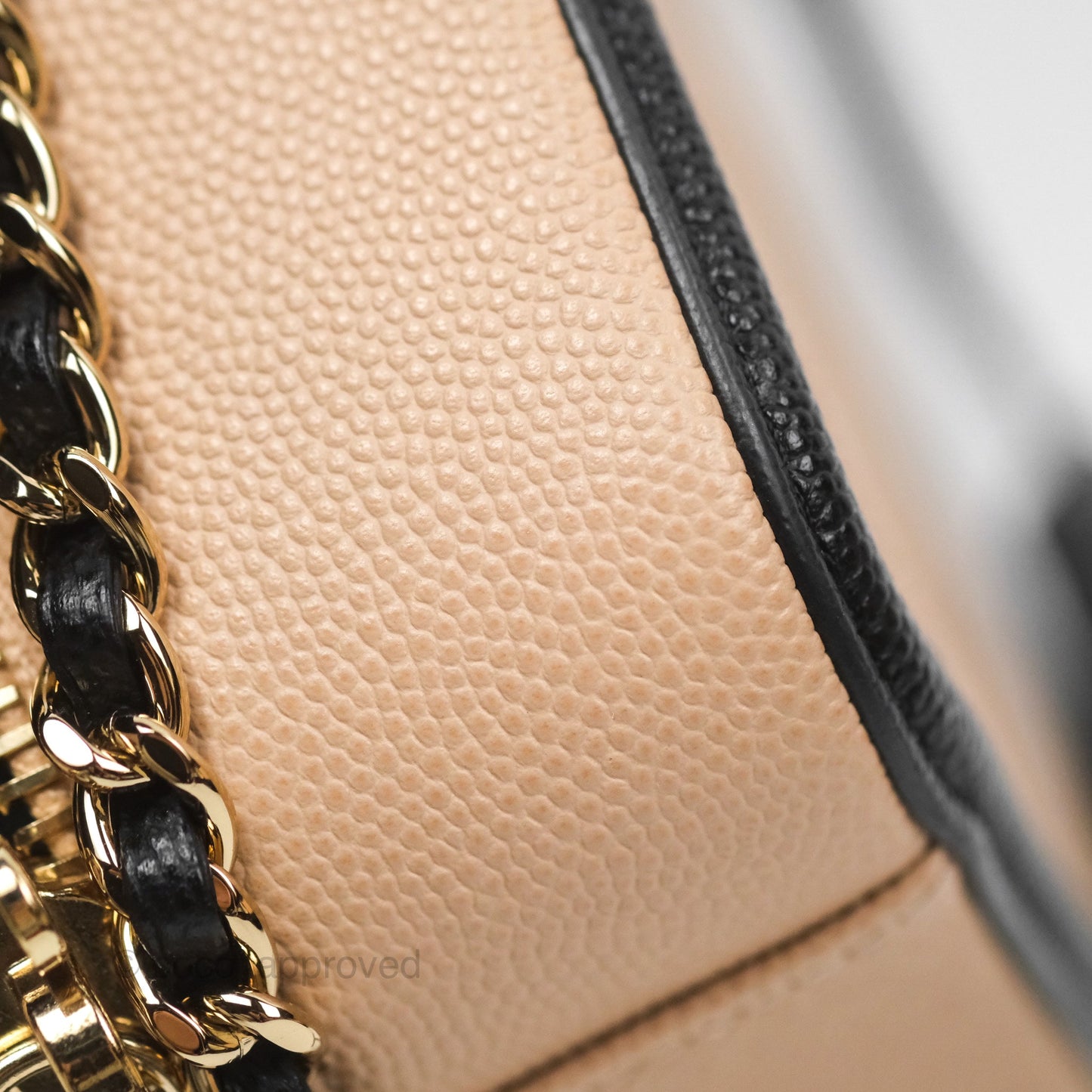 Chanel Quilted New Small CC Filigree Vanity Case Beige Caviar Gold Hardware