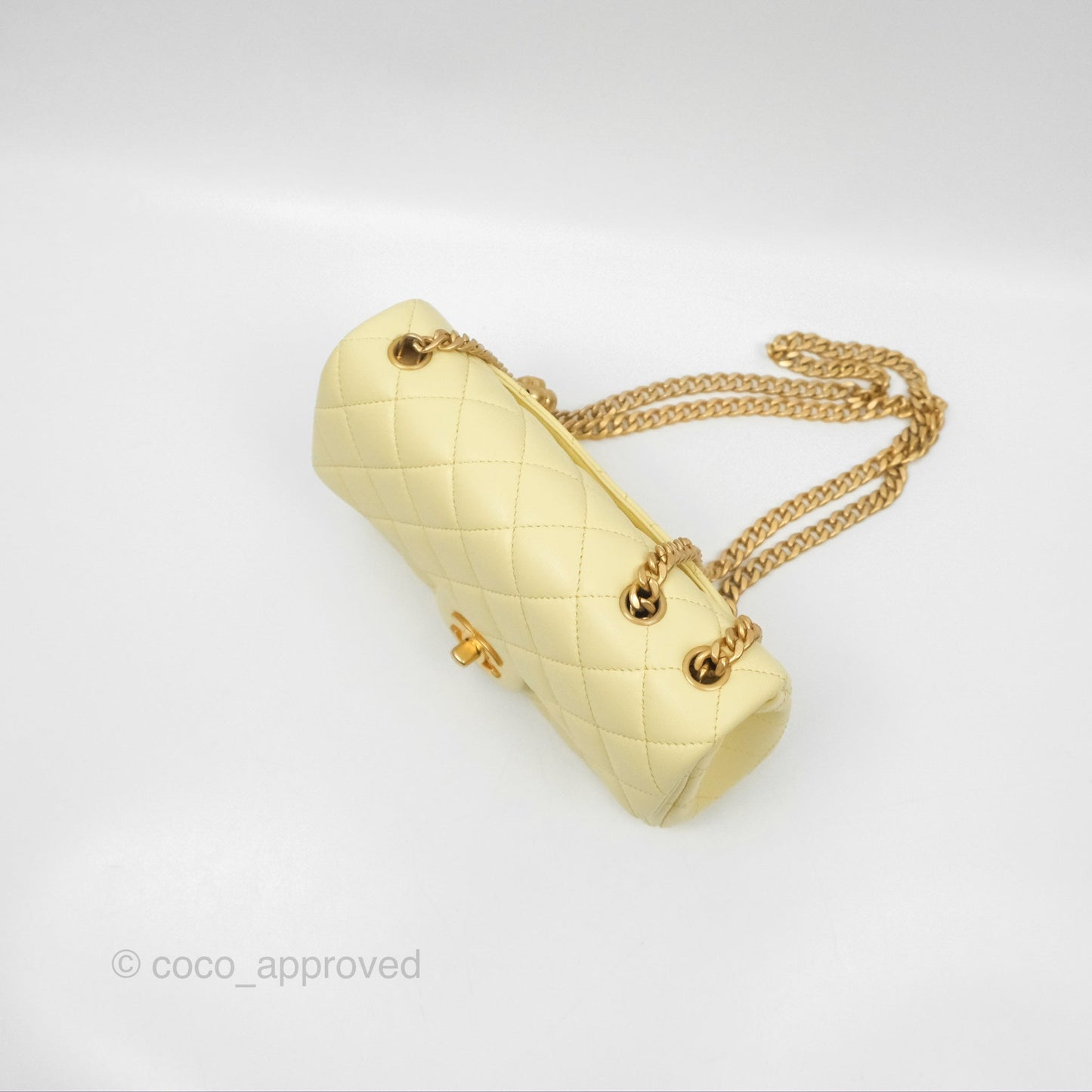 Chanel Mini Rectangular Flap with Camellia Adjustable Chain Yellow Lambskin Aged Gold Hardware 23S