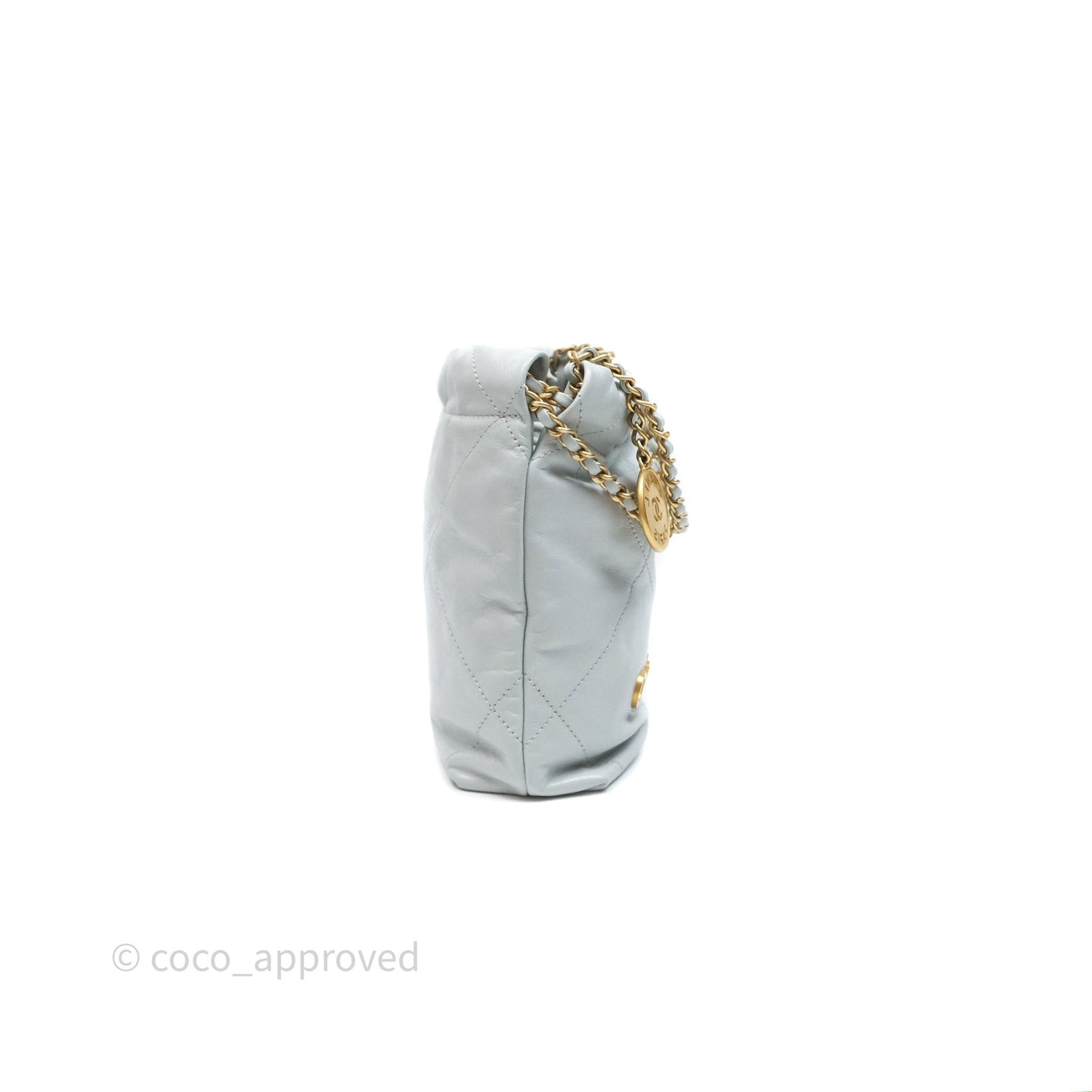 Chanel 22 Mini Bag Blue Grey Shiny Crumpled Calfskin Aged Gold Hardware