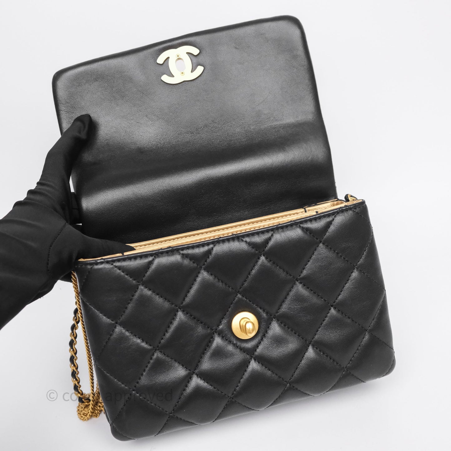 Chanel Quilted Accordion Flap Bag with Button on Chain Black Lambskin Aged Gold Hardware 22A