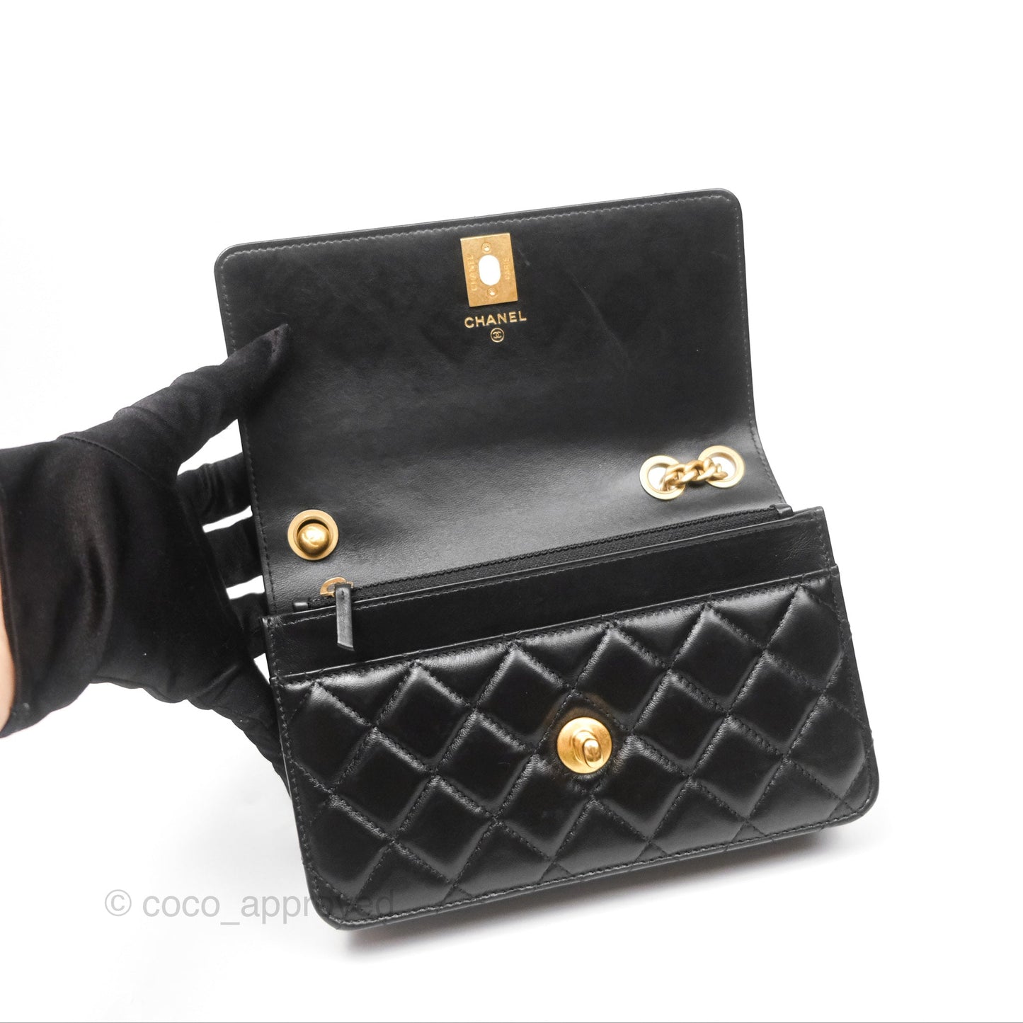 Chanel All Slide Wallet on Chain WOC Adjustable Chain Quilted Black Lambskin 22K