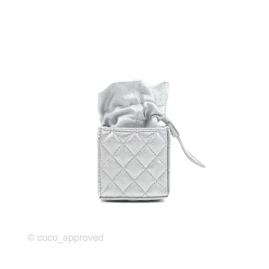 Chanel Mini Drawstring Bucket Bag with Chain Metallic Silver Calfskin Silver Hardware