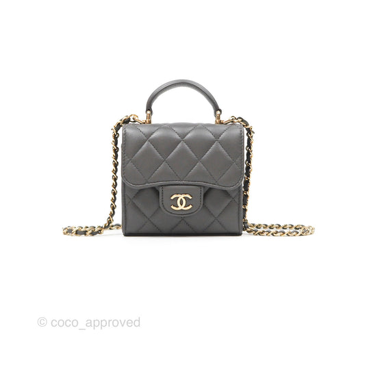 Chanel Mini Handle Clutch With Chain Grey Lambskin Gold Hardware