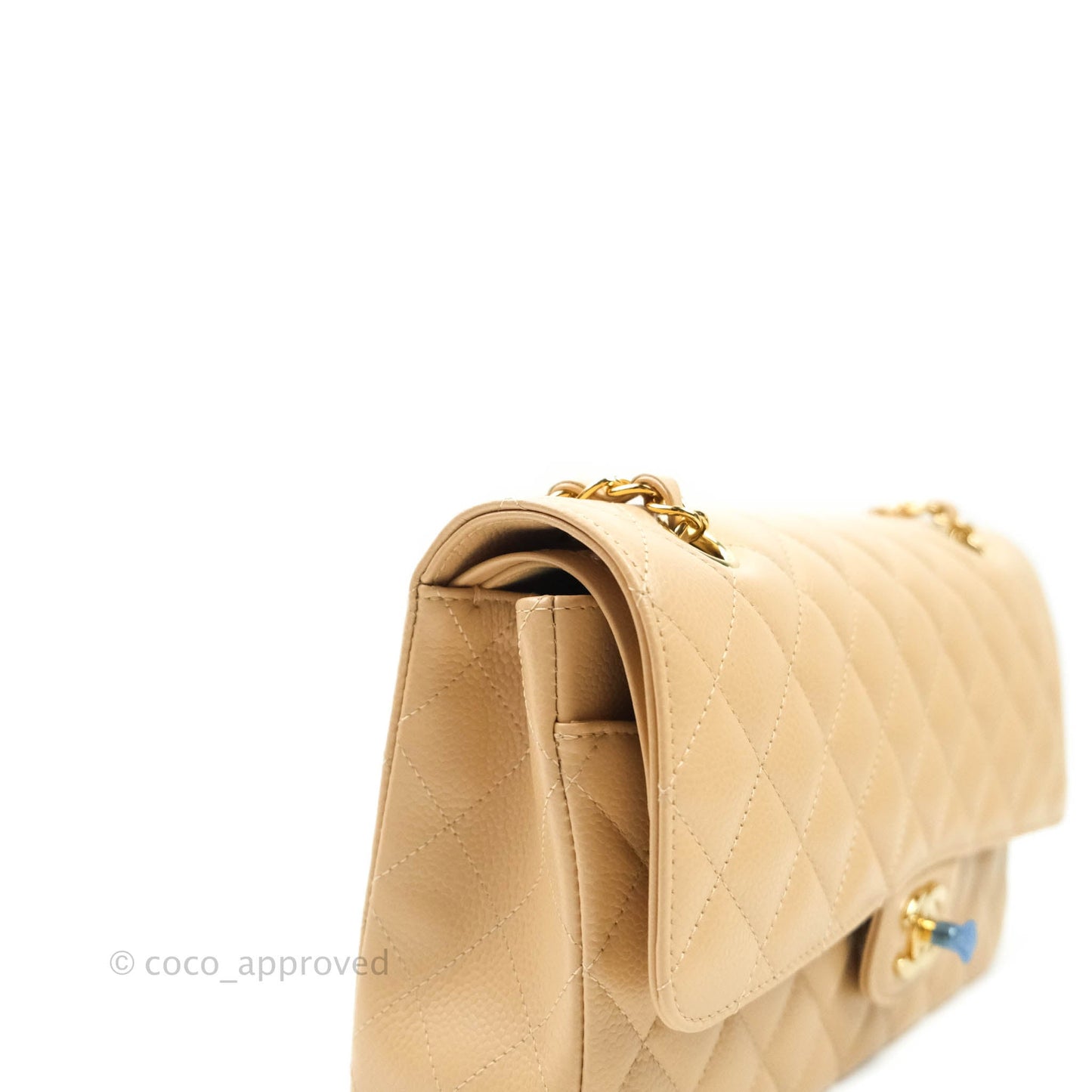 Chanel M/L Medium Quilted Caviar Double Flap Beige Gold Hardware