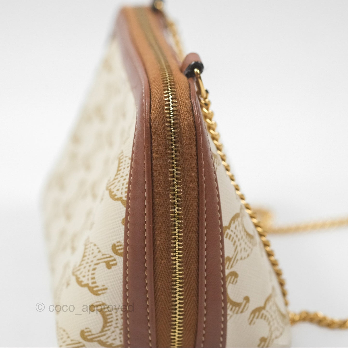 Celine Clutch With Chain Triomphe Canvas Lambskin White/Tan