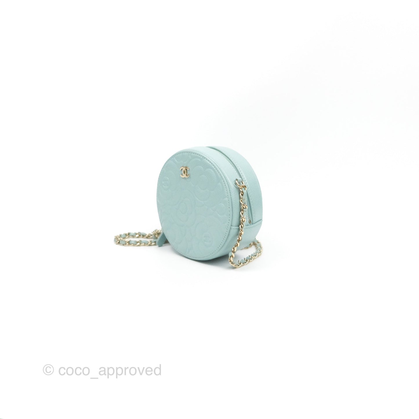Chanel Camellia Embossed Round Clutch With Chain Light Tiffany Blue Caviar