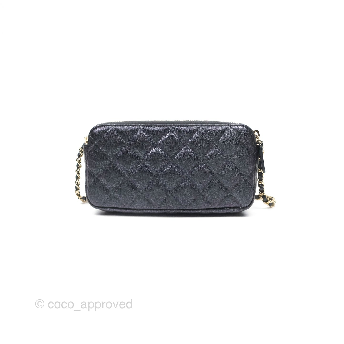 Chanel Quilted Zip Clutch With Chain Iridescent Dark Grey Caviar Gold Hardware