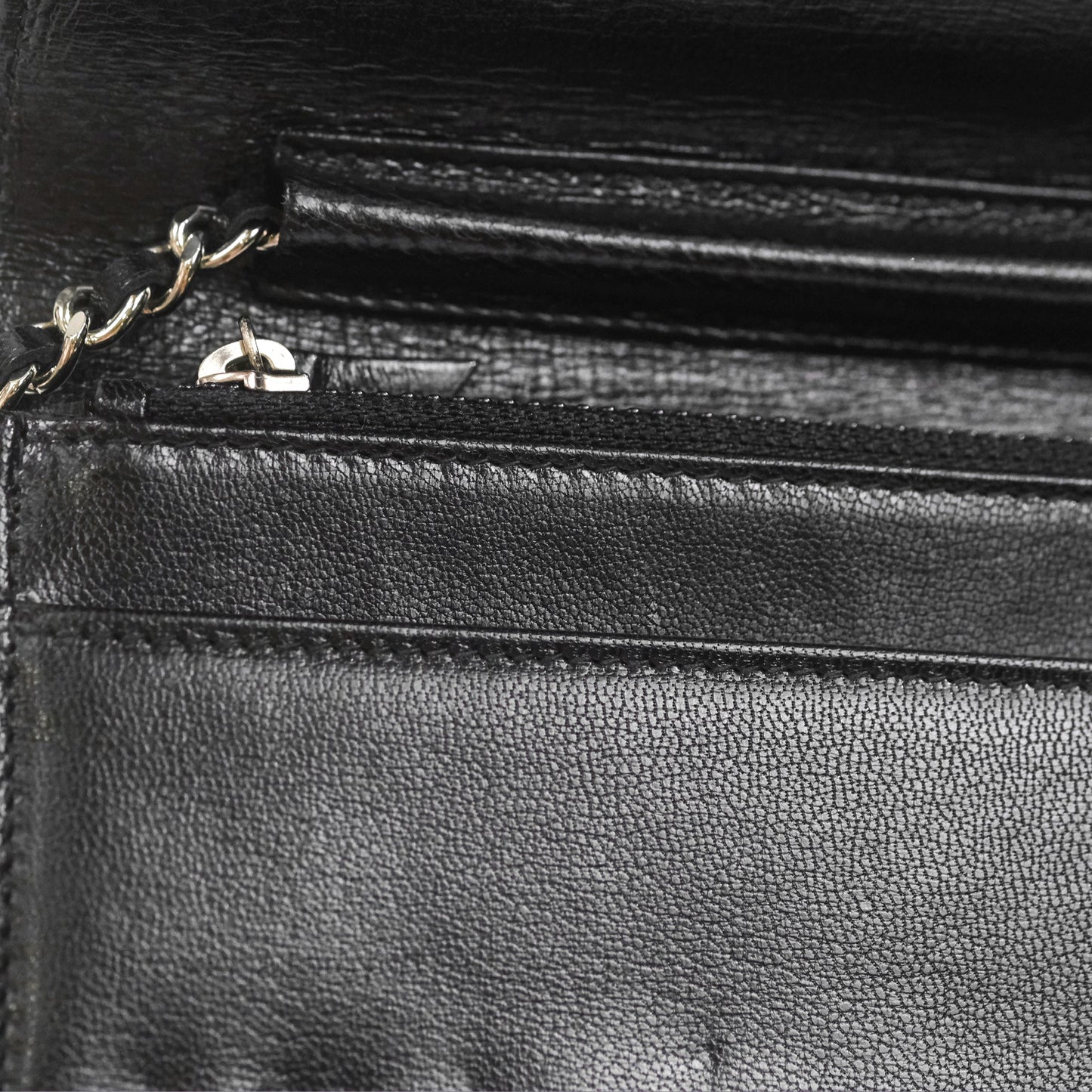 Chanel Diamond CC Wallet On Chain WOC Black Goatskin Silver Hardware