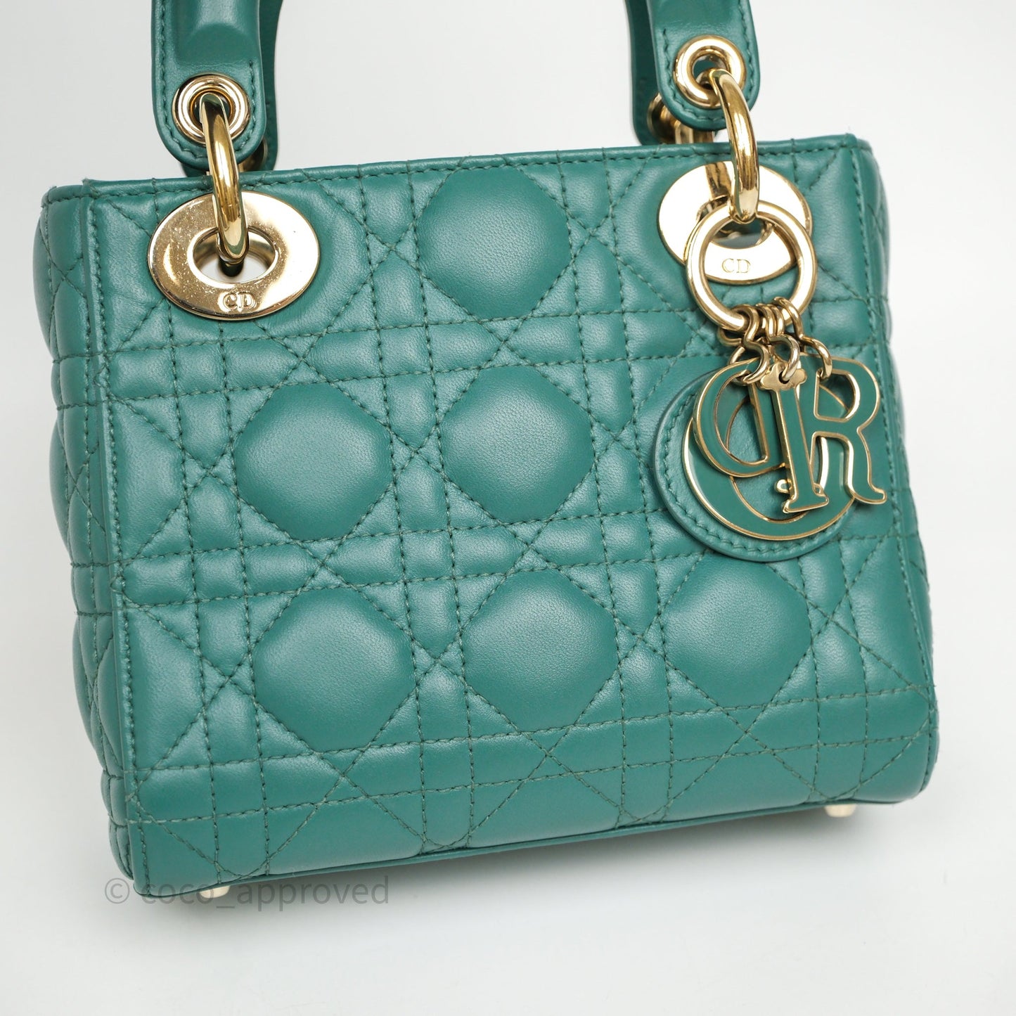 Christian Dior Mini Lady Dior Cannage Green Lambskin Gold Hardware