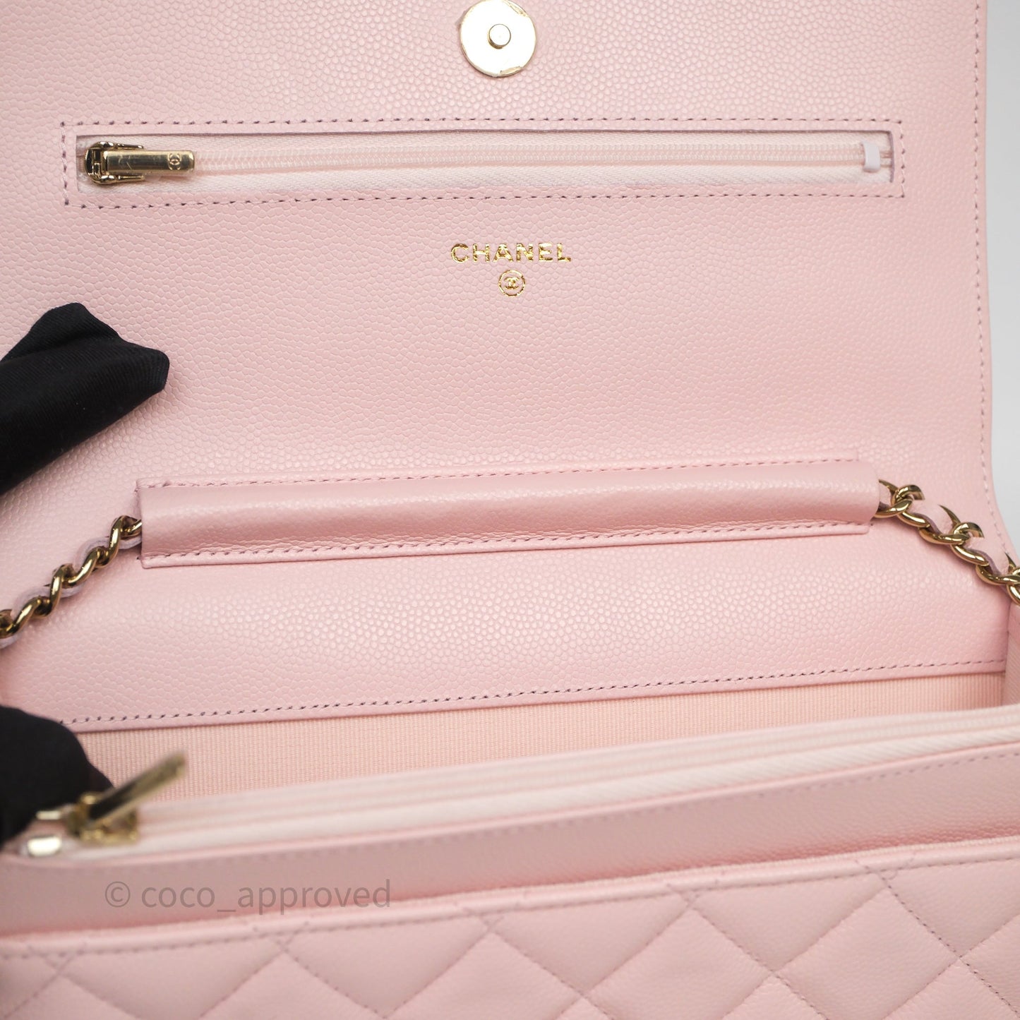 Chanel Classic Quilted Wallet on Chain WOC Light Pink Caviar Gold Hardware