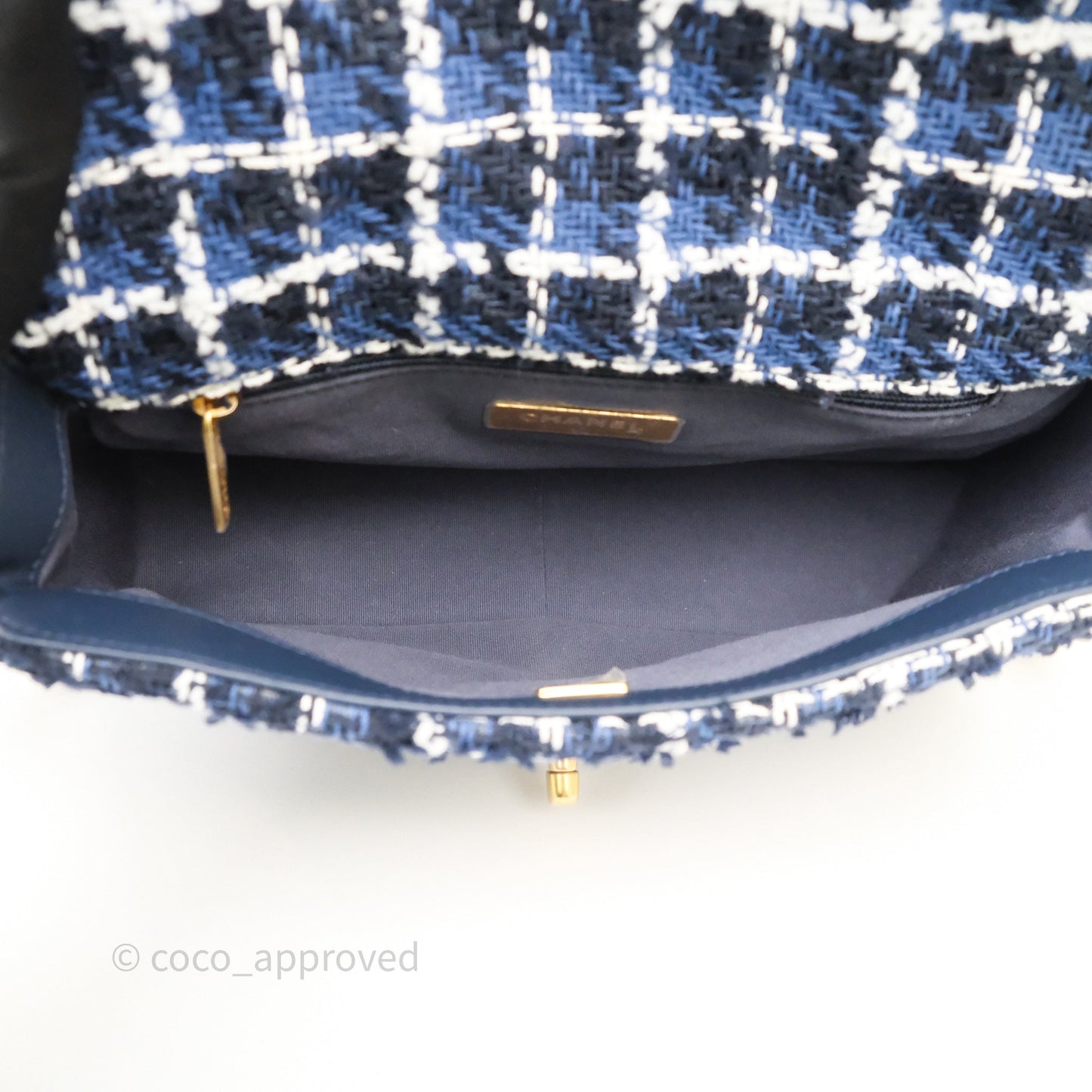 Chanel 19 Small Blue White Black Grid Tweed Mixed Hardware