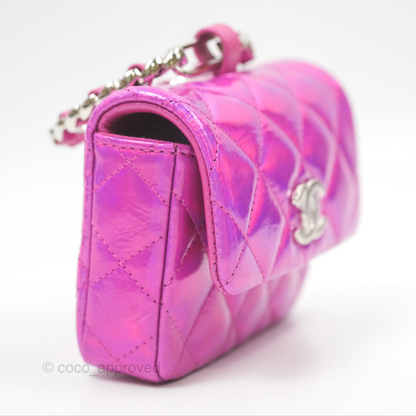 Chanel Card Holder Pouch with Hook Fuchsia Iridescent Mirror Goatskin