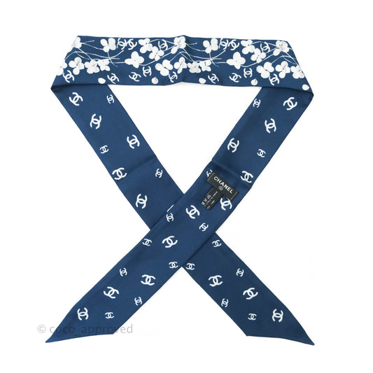 Chanel CC Flora Print Silk Twilly in Navy White