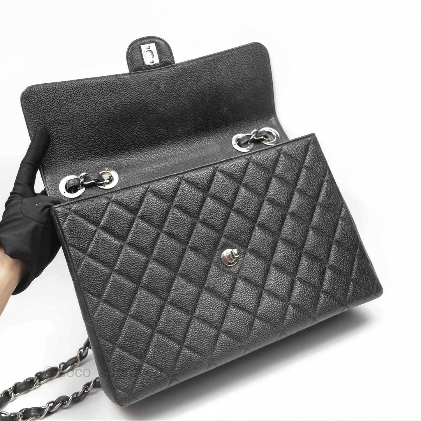 Chanel Classic Vintage Jumbo Single Flap Black Caviar Silver Hardware