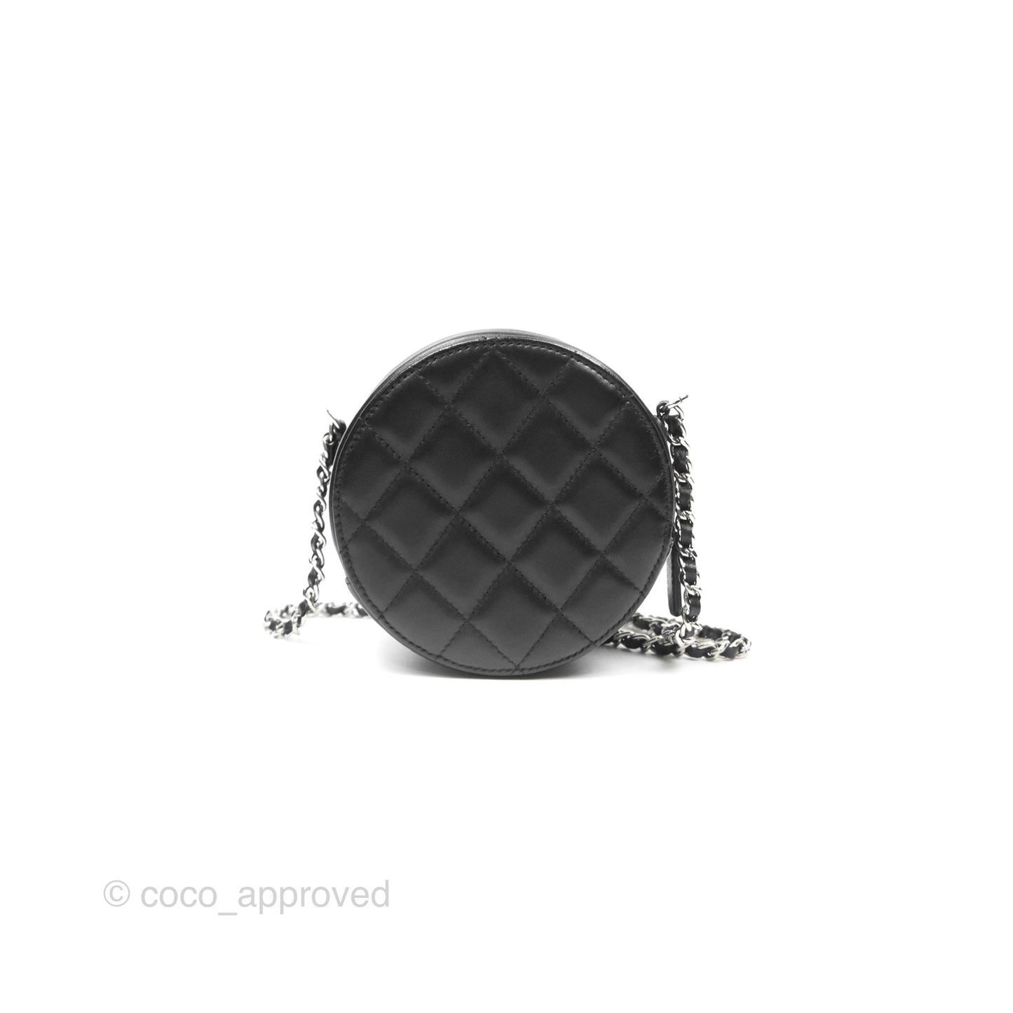 Chanel Classic Quilted Round Clutch With Chain Black Lambskin Silver Hardware
