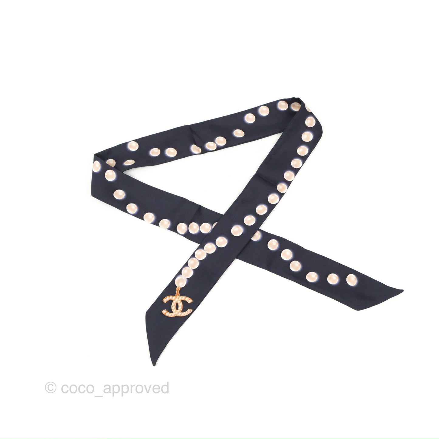 Chanel CC Pearl Print Silk Twilly Black