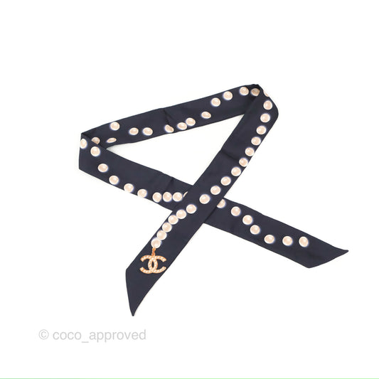 Chanel CC Pearl Print Silk Twilly Black