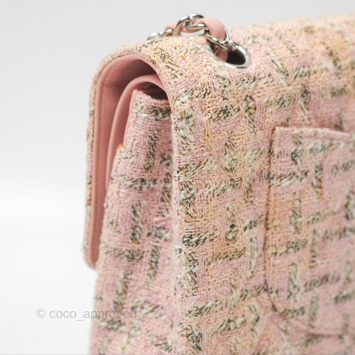 Chanel Classic M/L Medium Flap Quilted Pink Tweed Silver Hardware