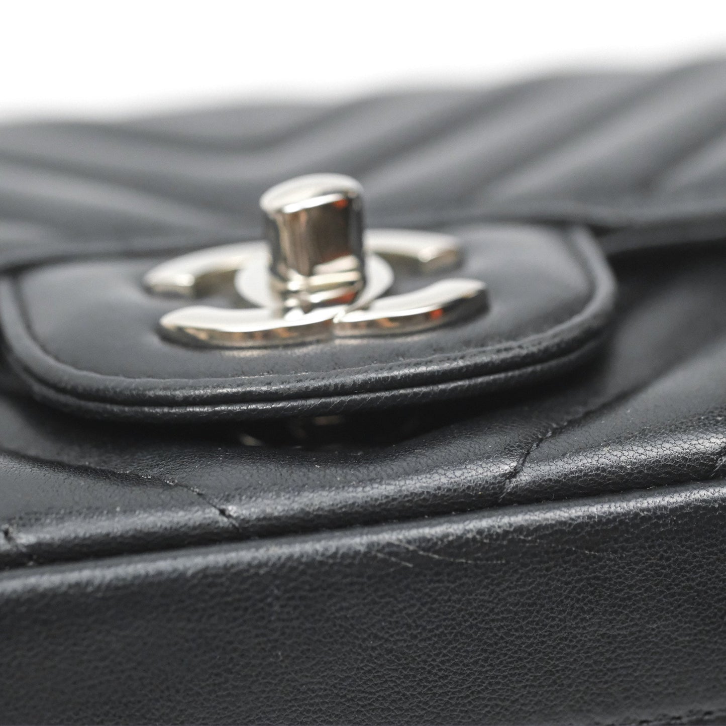 Chanel Mini Square Black Chevron Lambskin Silver Hardware