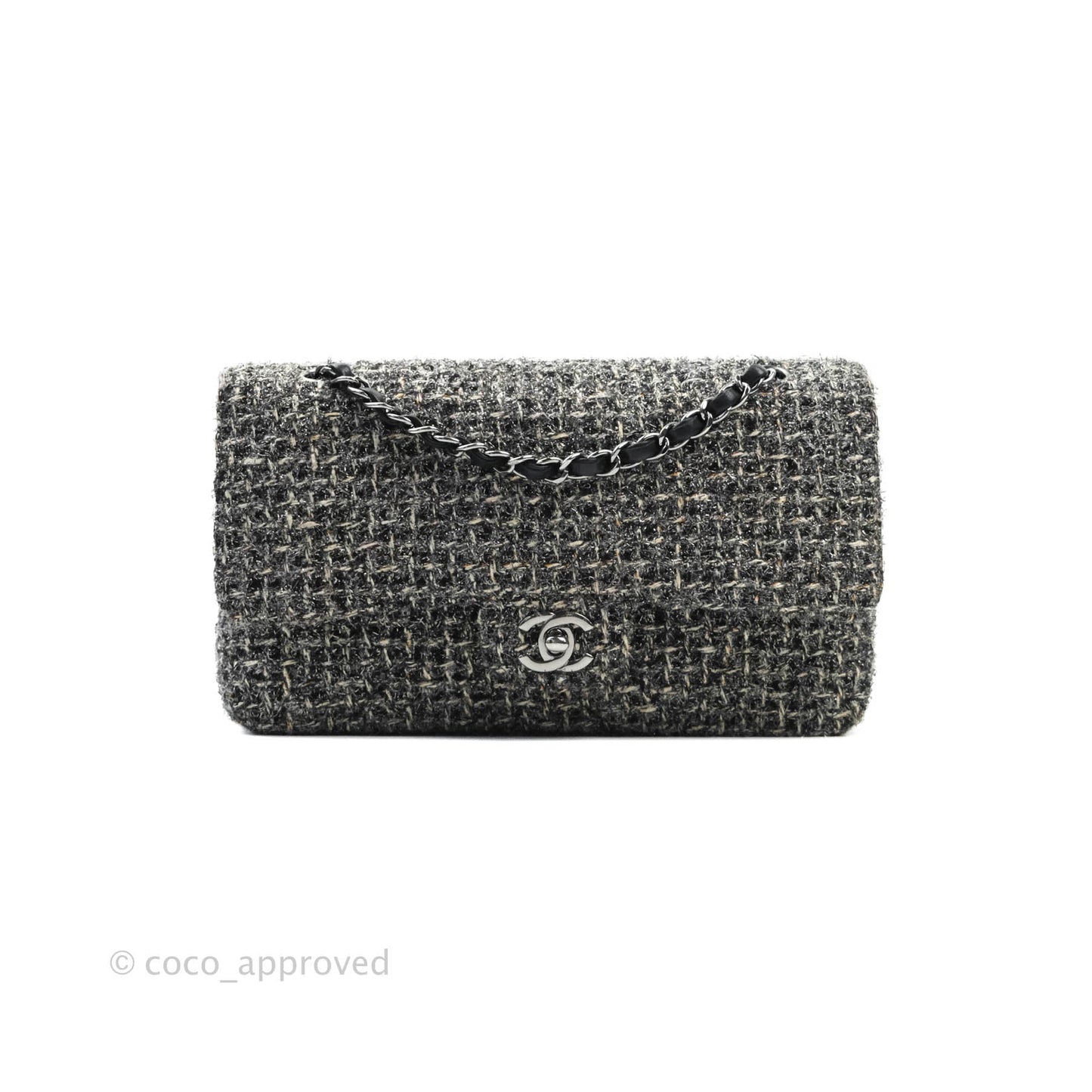 Chanel Classic M/L Medium Double Flap Black Tweed Gun Metal
